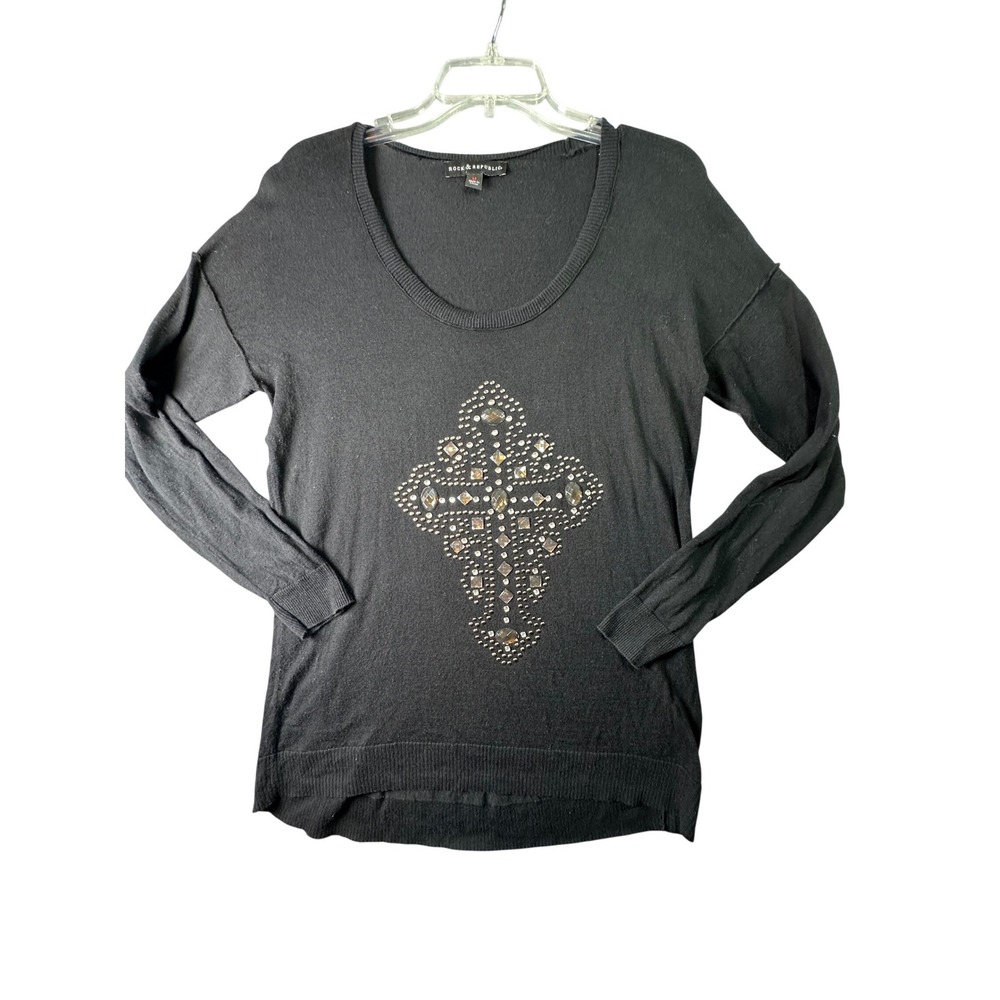 Rock & Republic Cross Rhinestone Embellished Knit Top Y2K Grunge Goth Black‎ M
